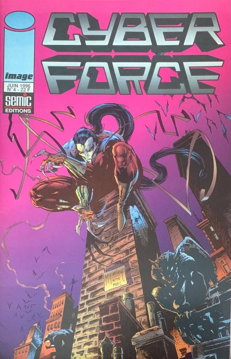 Cyberforce comic book cover featuring two characters in red and black suits against a vibrant pink cityscape backdrop