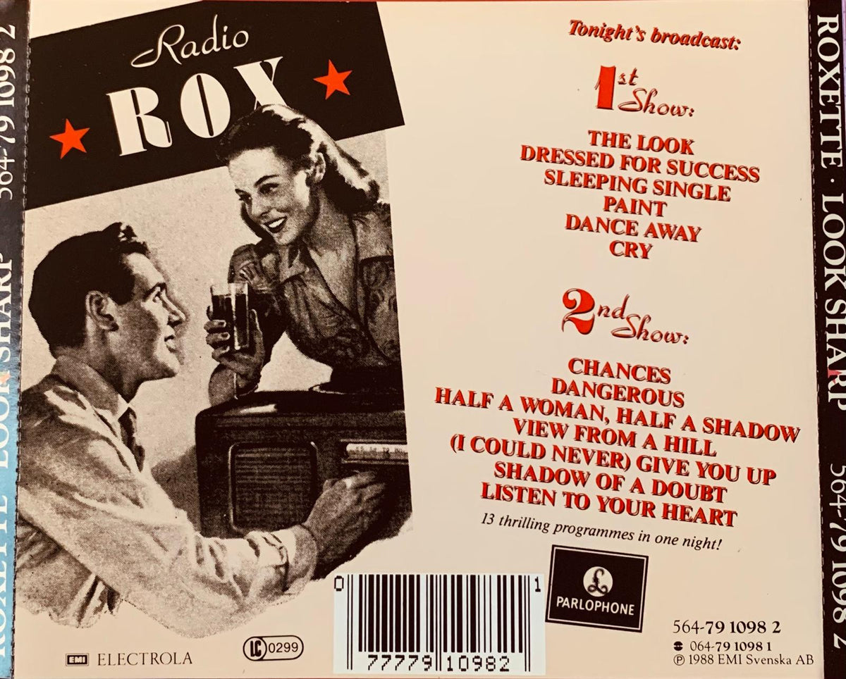 Vintage black and white radio show album cover with man and woman and red radio rox lettering for look sharp product