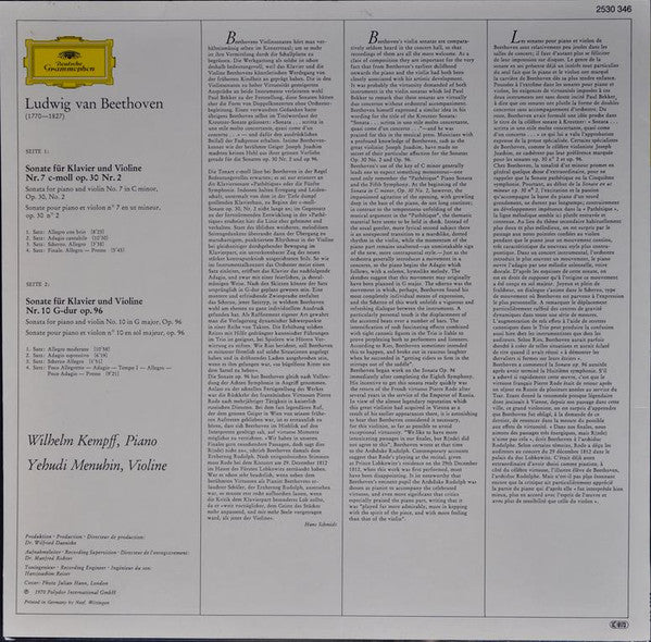 Ludwig Van Beethoven / Wilhelm Kempff, Yehudi Menuhin – Sonates Pour Piano Et Violon N° 7 En Ut Mineur, Op. 30 N° 2 - N° 10 En Sol Majeur, Op. 96