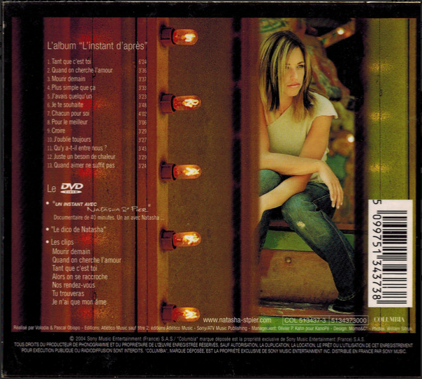 The back cover of natasha st-piers album l instant d après features a warm-toned photo with vertical light fixtures on the left