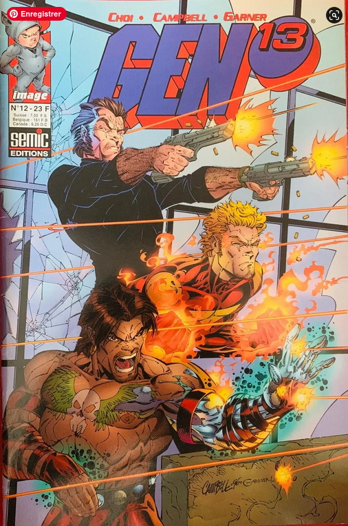 The gen 13 comic book cover features three muscular characters in a fiery battle on a 1997 semic editions nm copy