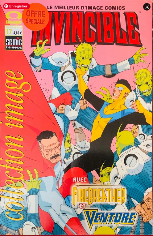 The invincible comic book cover from semic comics features vibrant characters in dynamic poses on red and pink background