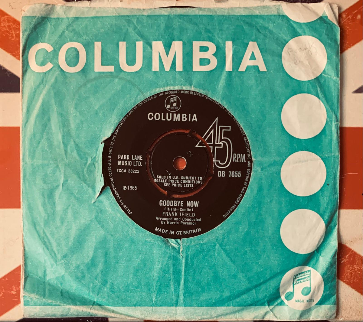A vintage turquoise Columbia 45 rpm vinyl record sleeve with white dots and song goodbye now by Frank Ifield
