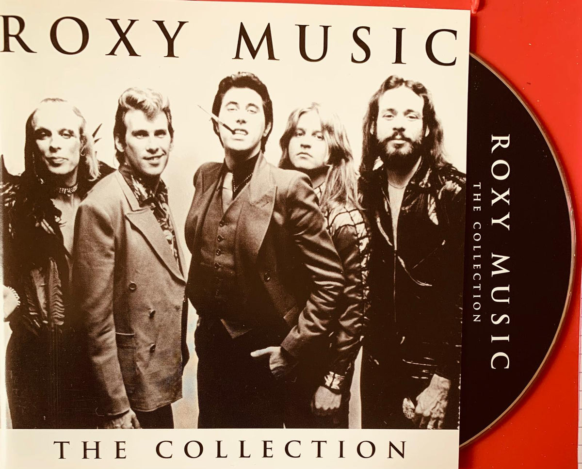 Black and white roxy music the collection album cover with band members and black cd with silver text original cd