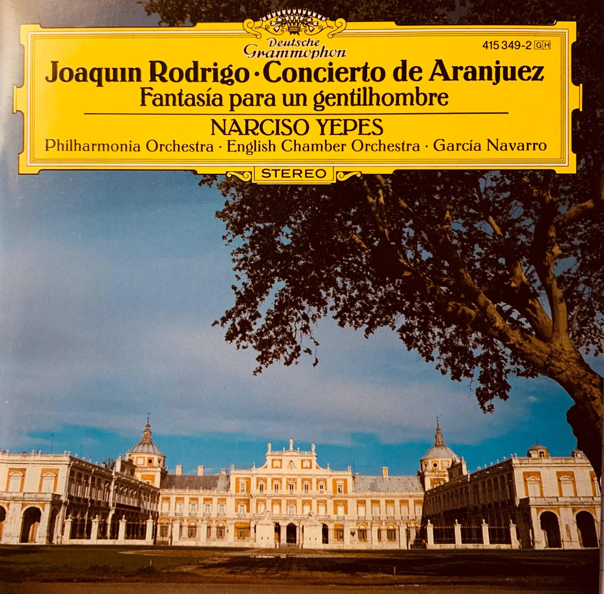 Yellow deutsche grammophon album cover with ornate white palace under blue sky for narciso yepes concierto de aranjuez cd