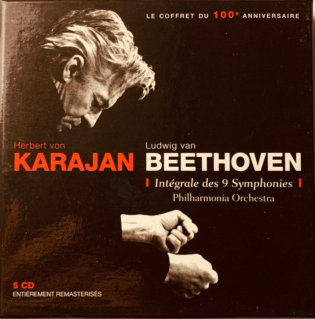 Black and white album cover portrait of conductor herbert von karajan for beethoven symphonies 100th anniversary 5cd set