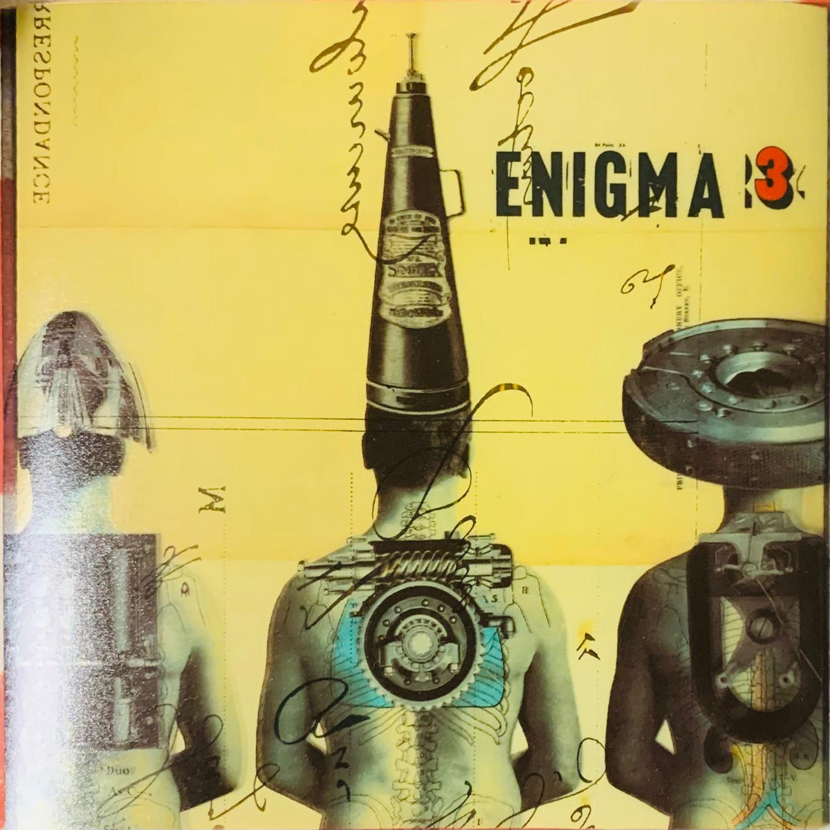 The album cover for enigma 3 features a surreal collage of three figures with mechanical heads on a yellow background