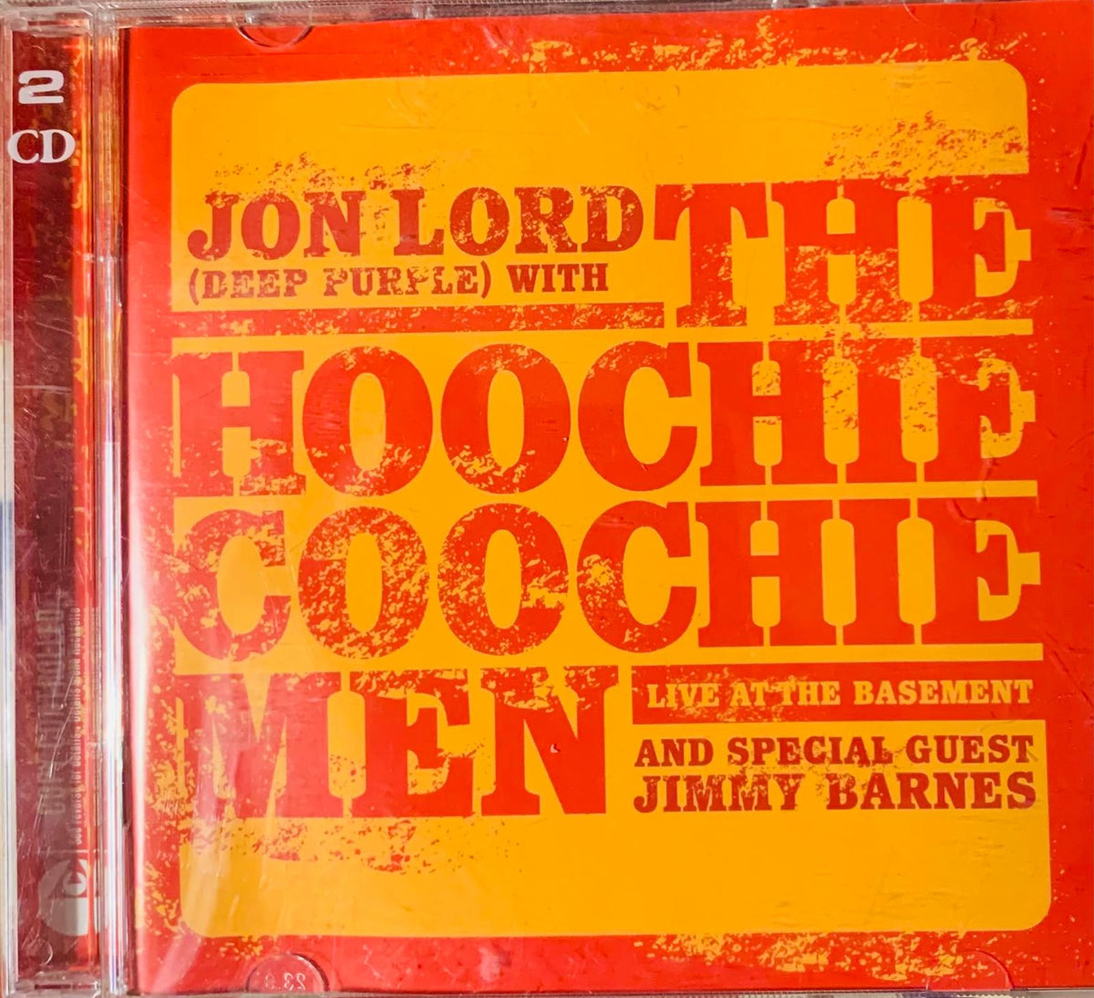 Red and yellow grunge style cd album cover for jon lord deep purple with the hoochie coochie men live at the basement 2cd
