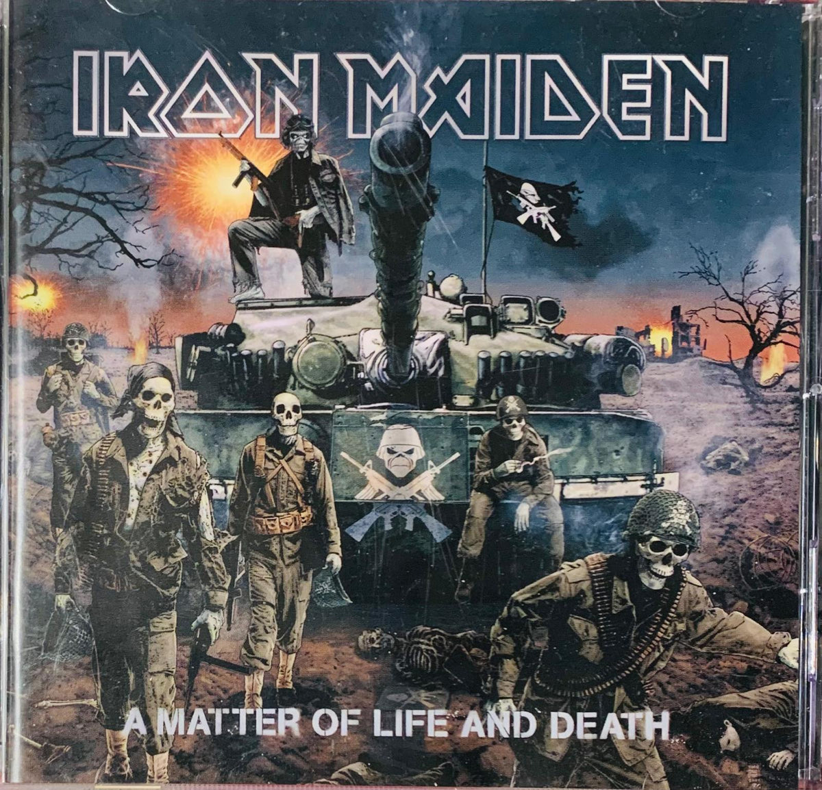 Iron Maiden A Matter of Life and Death 2006 original CD cover with military tank and skeletal soldiers under explosive sky