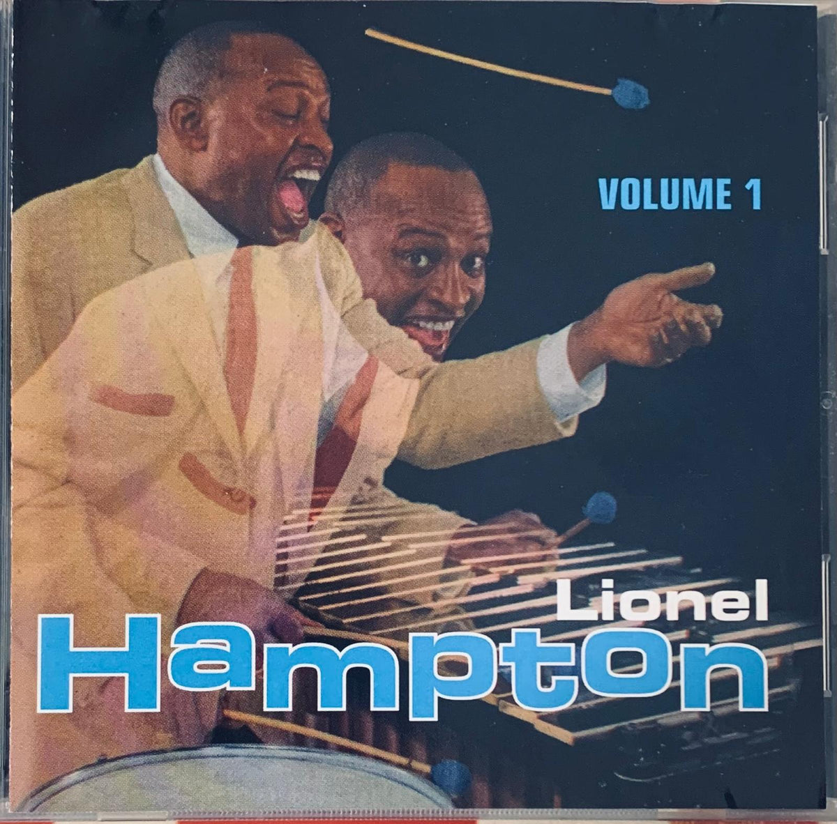 Lionel Hampton volume 1 original CD cover showing two men in beige suits playing percussion instruments