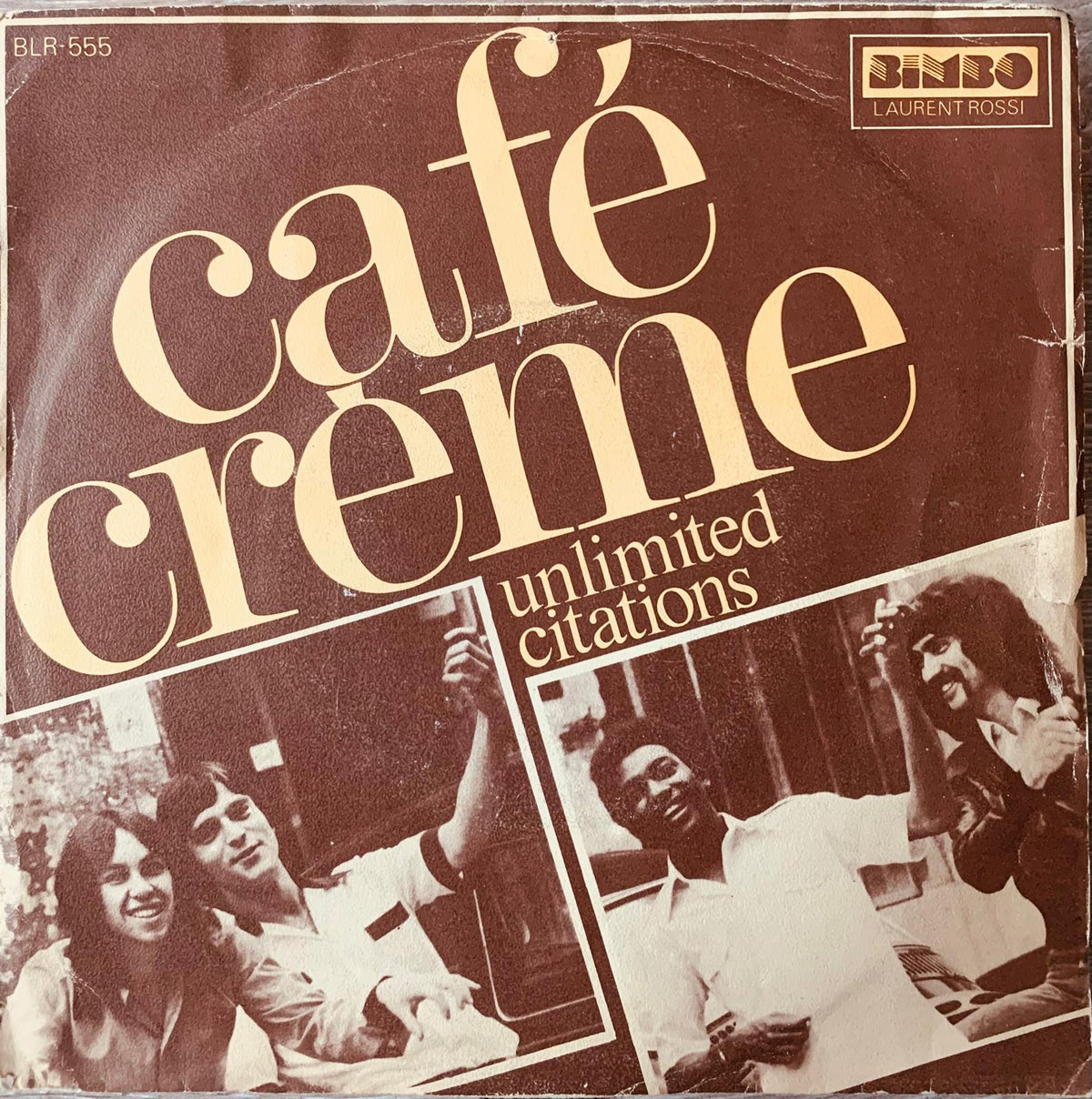 Vintage brown vinyl record sleeve for Laurent Rossi’s café crème album with cream typography and sepia photographs