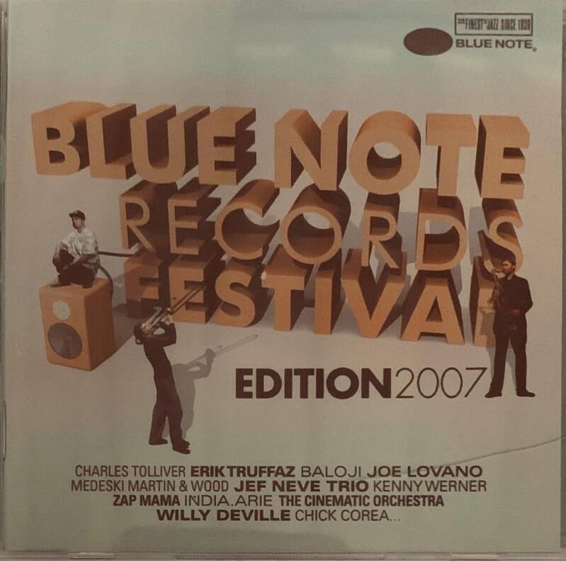 Blue note records festival edition 2007 cd cover with bold tan 3d lettering and musician silhouettes on light background