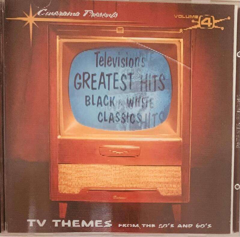 A vintage-style wooden television with a blue screen displaying text against a dark red background for Television’s Greatest Hits CD