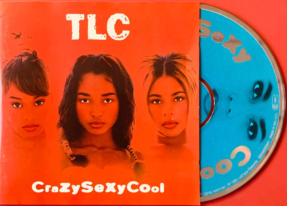 The orange cd album cover for tlc crazysexycool features band members faces on a red background with bold white text