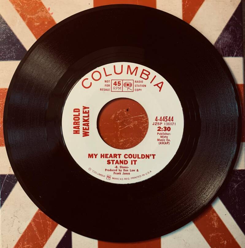 Black vinyl 45 rpm record with white label red text columbia logo harold weakley my heart couldnt stand it 1968 promo