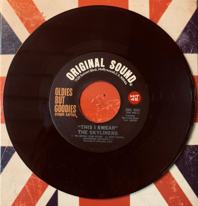 Black vinyl record with red center label featuring original sound logo from the skyliners 7 inch single 1984 excellent condition