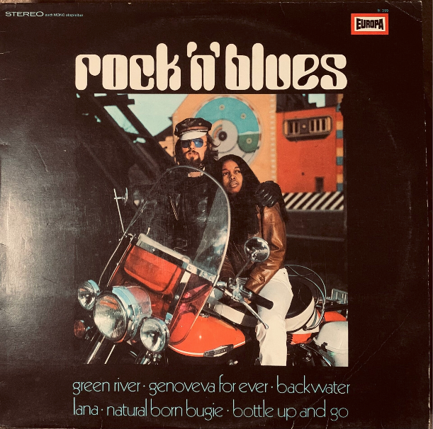 Black vinyl lp album cover with red chrome motorcycle and two riders labeled rock n blues by europa records from 1970