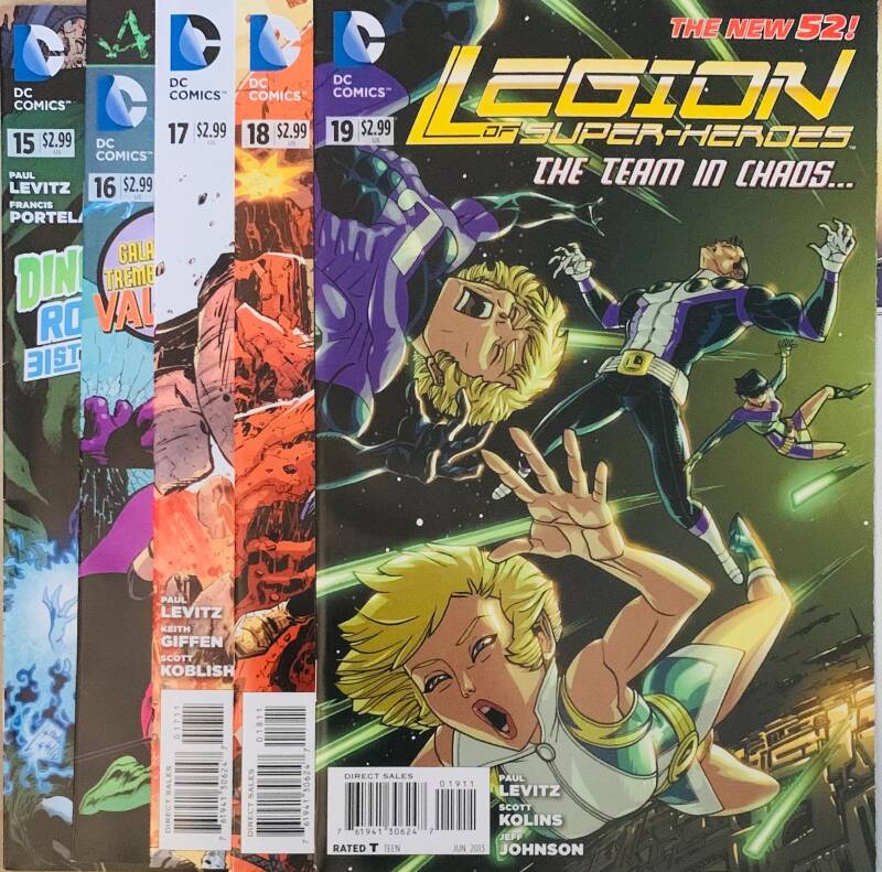 The vibrant dc comics legion of super-heroes new 52 issue 19 cover features bold purple and green costumes on a cosmic backdrop