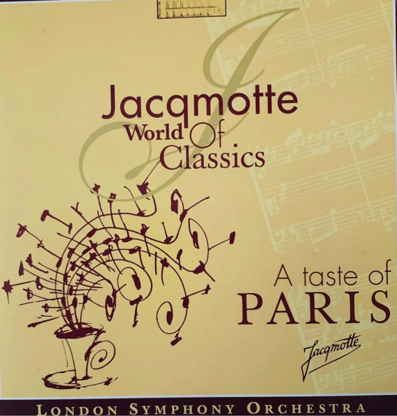 Jacqmotte world of classics paris cd album cover with stylized maroon and beige illustration for classical music