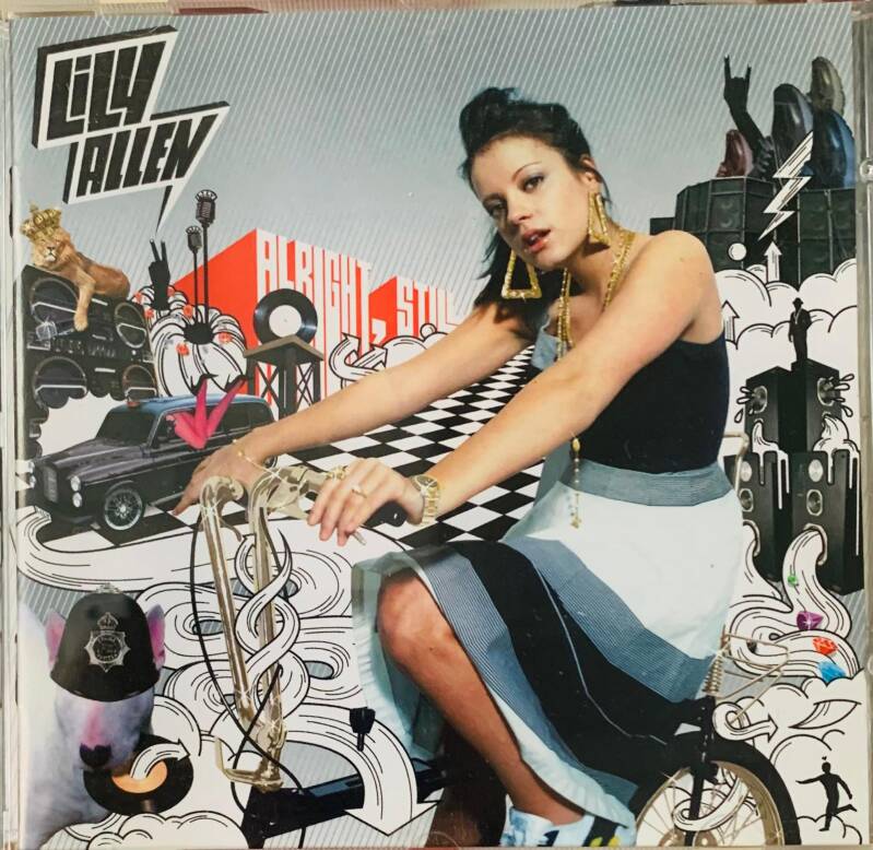 Lily allen alright still cd album cover with black and white cityscape illustration and red accents featuring lily on bicycle