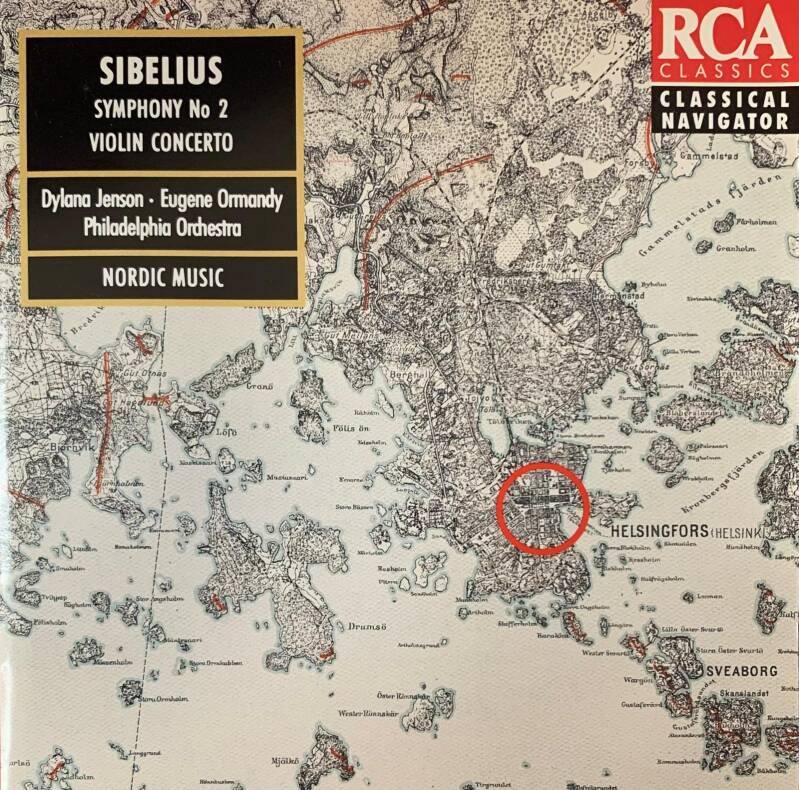 Rca classics cd cover shows a vintage nordic map with helsinki highlighted in red for sibelius symphony no 2 violin concerto