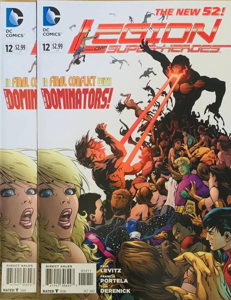 Legion of super-heroes the new 52 #12 comic book cover featuring vibrant artwork with a central figure emitting red energy beams