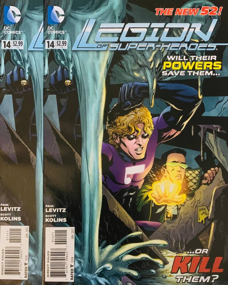 Legion of super-heroes the new 52 #14 comic cover featuring a purple-clad blonde hero with glowing yellow energy and icy background