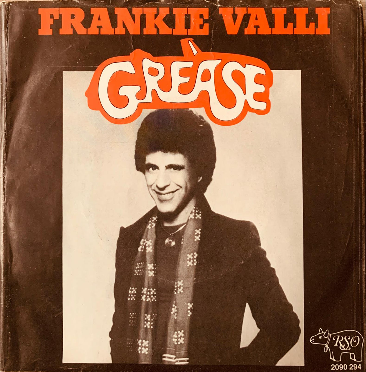 Frankie valli grease 1978 original vinyl record cover with black and white photo of valli in dark jacket and scarf