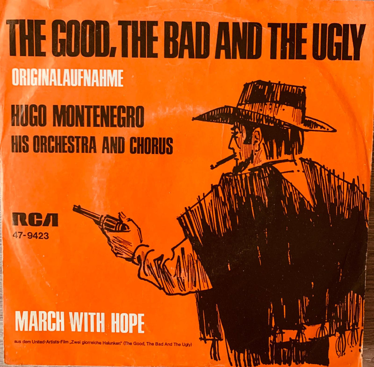 Orange vinyl record sleeve featuring black cowboy illustration and bold text for hugo montenegro soundtrack the good the bad and the ugly