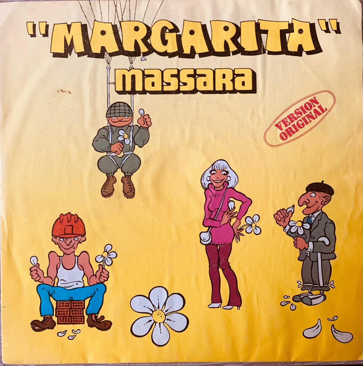 Yellow vinyl record sleeve with cartoon illustrations and title margarita by massara for original 1970 vinyl records