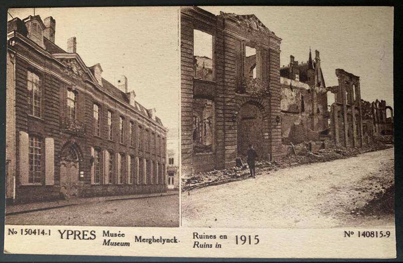 Musée Merghelynck avant et après avoir été réduit en ruines en 1915