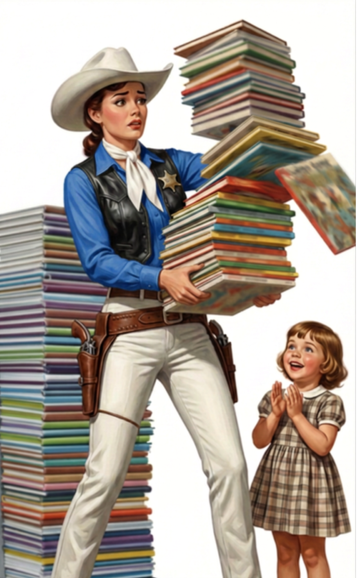 A woman in a white cowboy hat and black leather vest carries colorful book stacks from BD-BANDES DESSINÉES collection