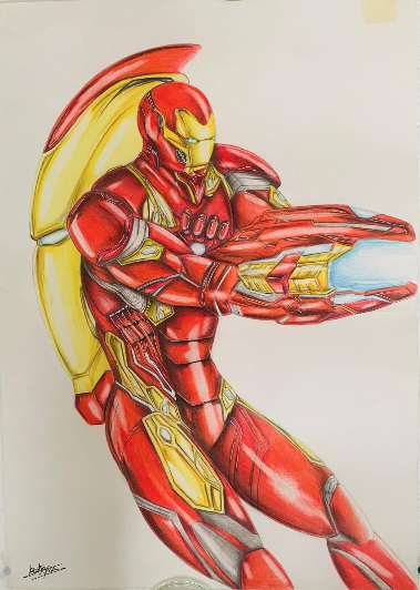 Red and gold iron man suit with yellow energy shield detailed colored pencil art from new arrivals collection