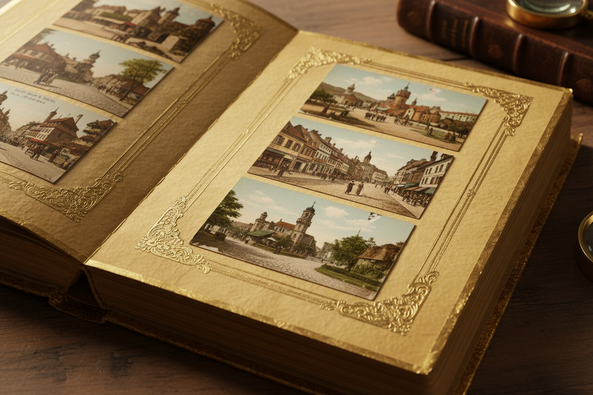 An ornate gold-toned photo album with embossed borders displaying vintage european town square postcards
