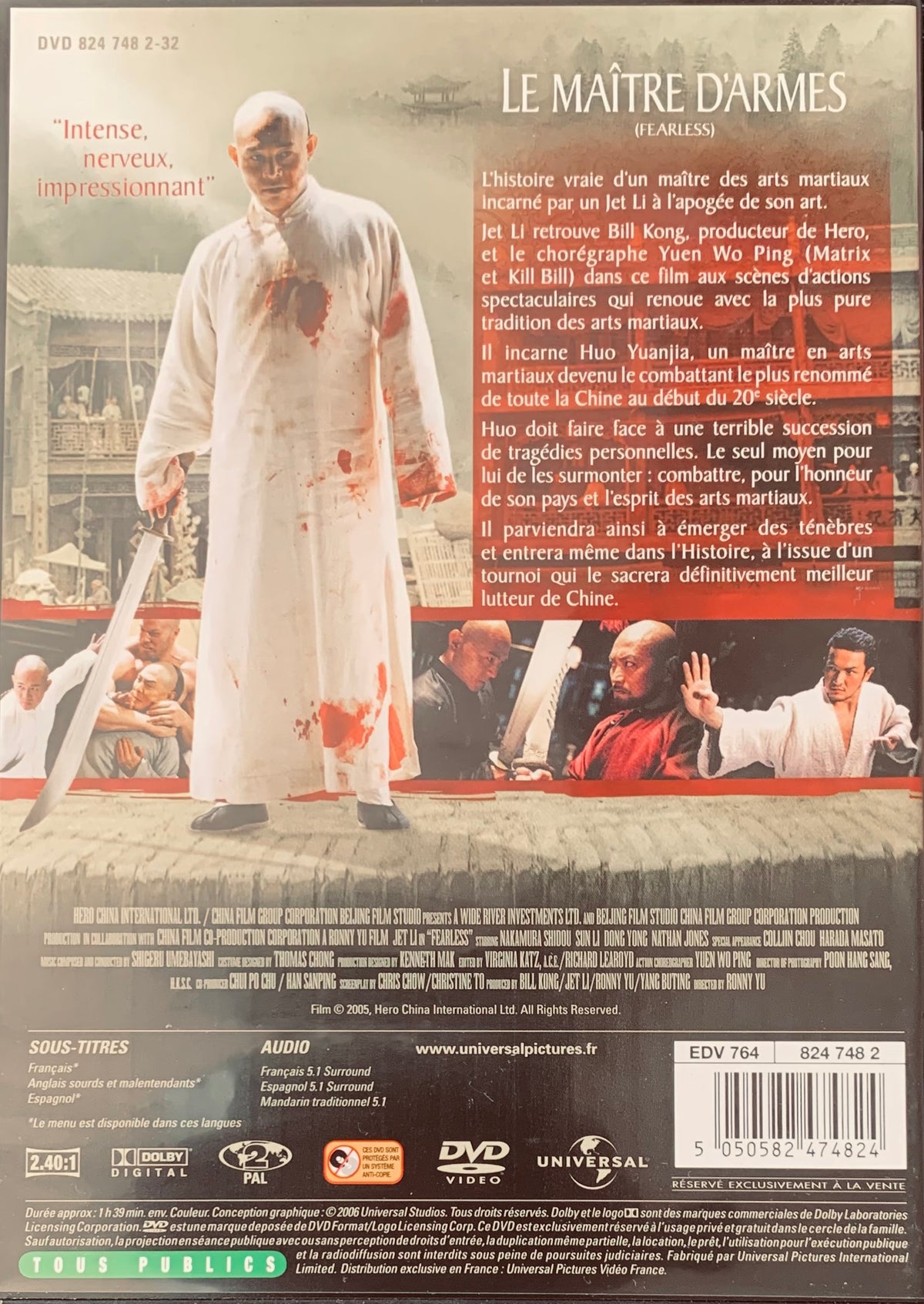 The back cover of the dvd for le maître d’armes features jet li in white martial arts attire with red bloodstains holding a sword