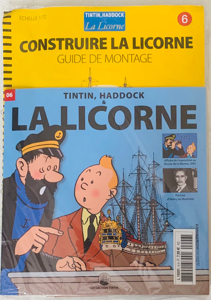 Yellow and blue illustrated booklet construire la licorne featuring Tintin and Captain Haddock with detailed model ship design