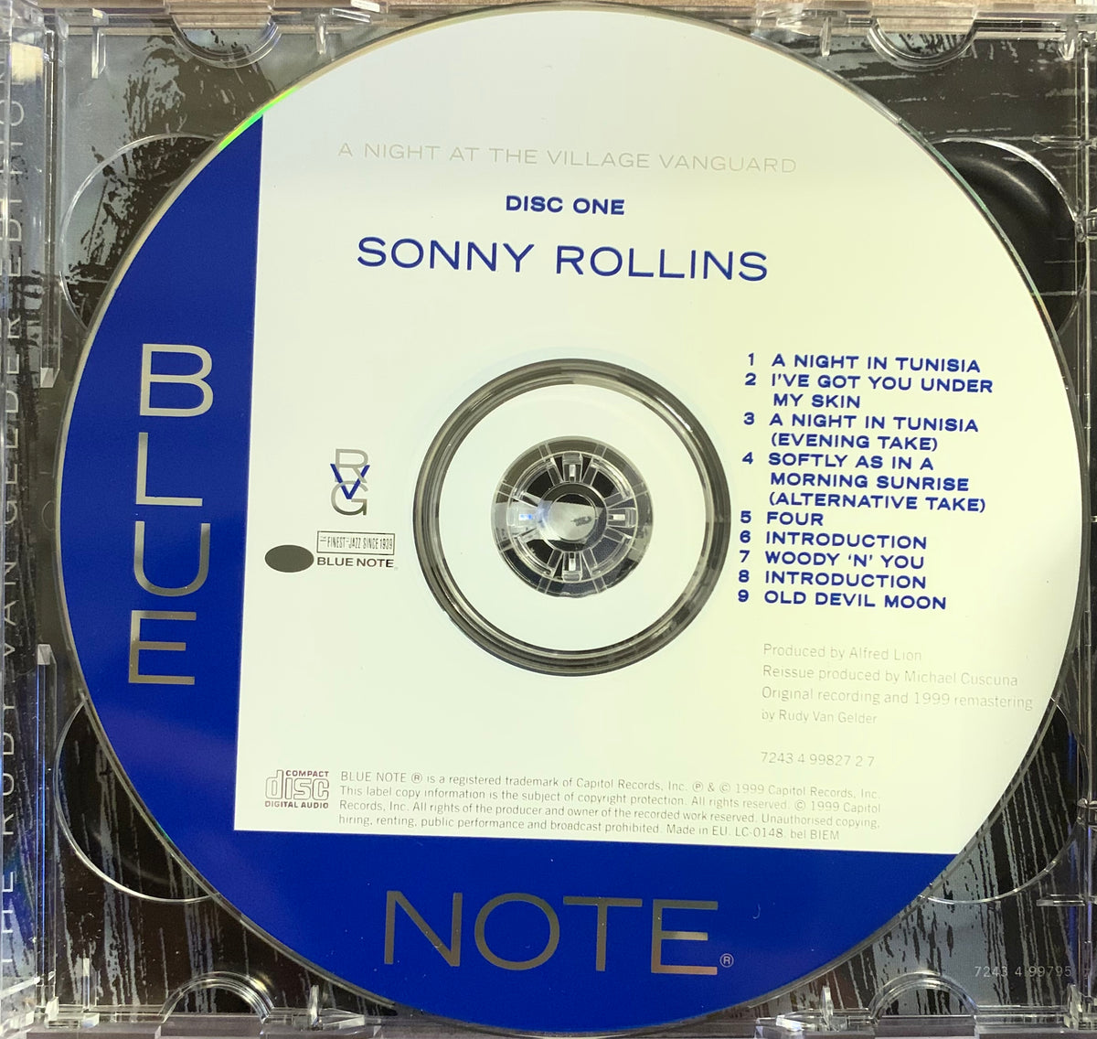 Blue note records cd with white label and blue border featuring sonny rollins album a night at the village vanguard