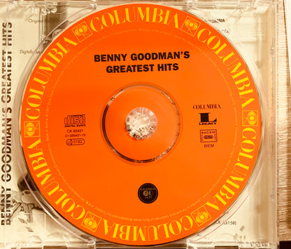 Orange vinyl-style cd with gold lettering featuring benny goodmans greatest hits by Columbia Records in CD 001