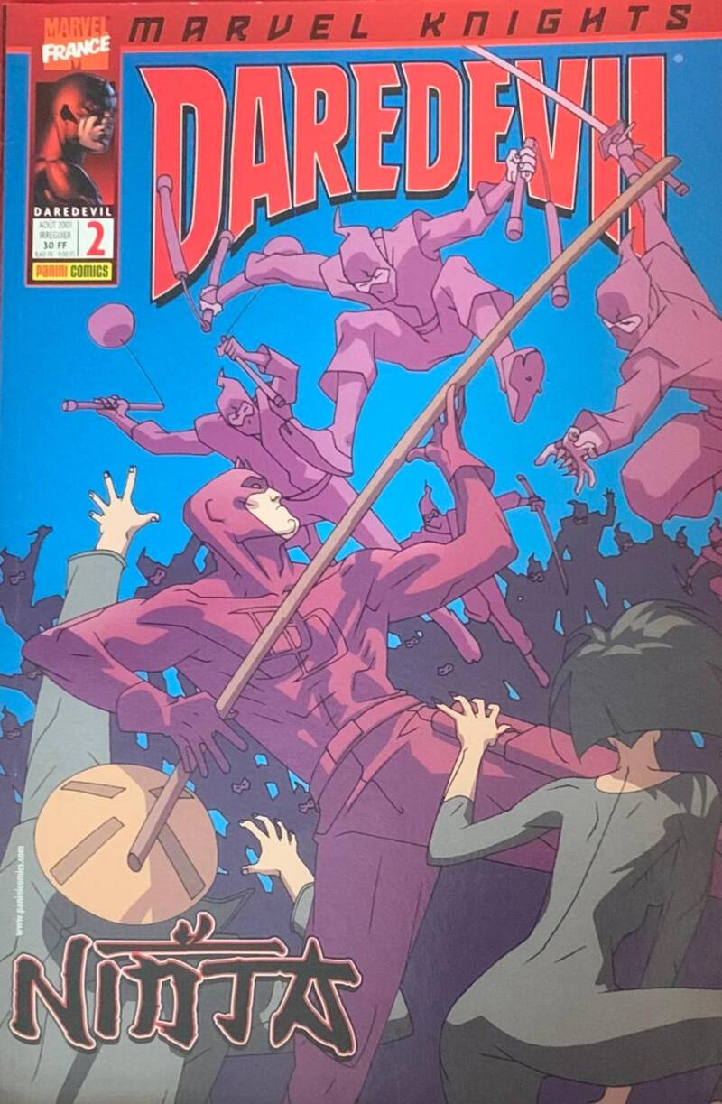 Daredevil ninja marvel knights 02 comic book cover with dynamic action scene featuring purple ninjas and red lettering