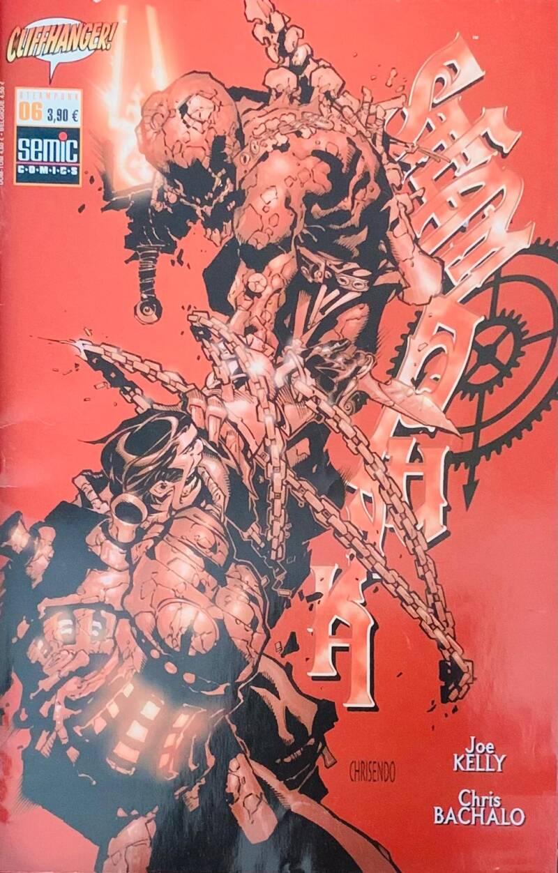 Red comic book cover of steamteeth cliffhanger 06 2002 semic comics featuring muscular armored figure with chains and gears