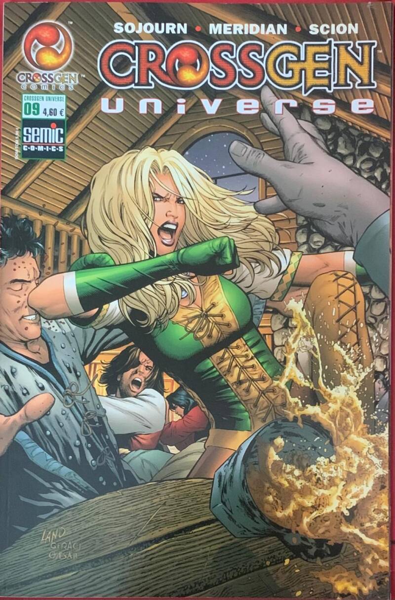 Green and gold armored superheroine with blonde hair in action pose on crossgen universe 09 comic book cover 2002