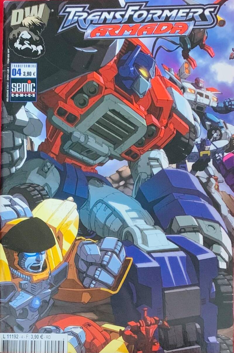 Transformers armada comic book featuring red and blue optimus prime in dynamic battle stance with detailed mechanical design