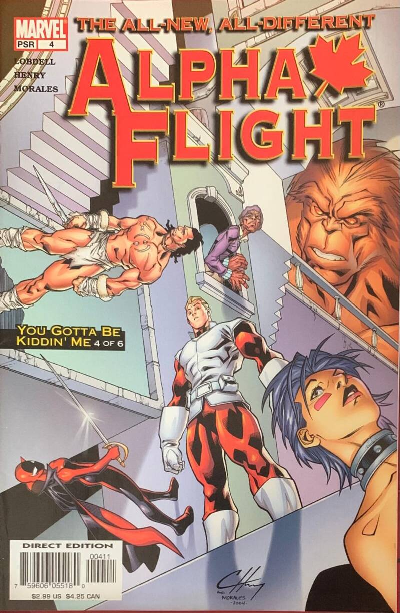 Marvel alpha flight comic book cover featuring dynamic superheroes in action with bold red and white lettering from 2004