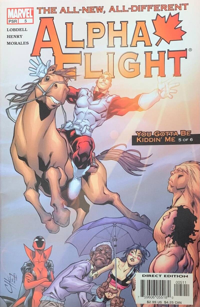 Cover of marvels alpha flight comic book issue 5 showing dynamic character action against a blue sky backdrop