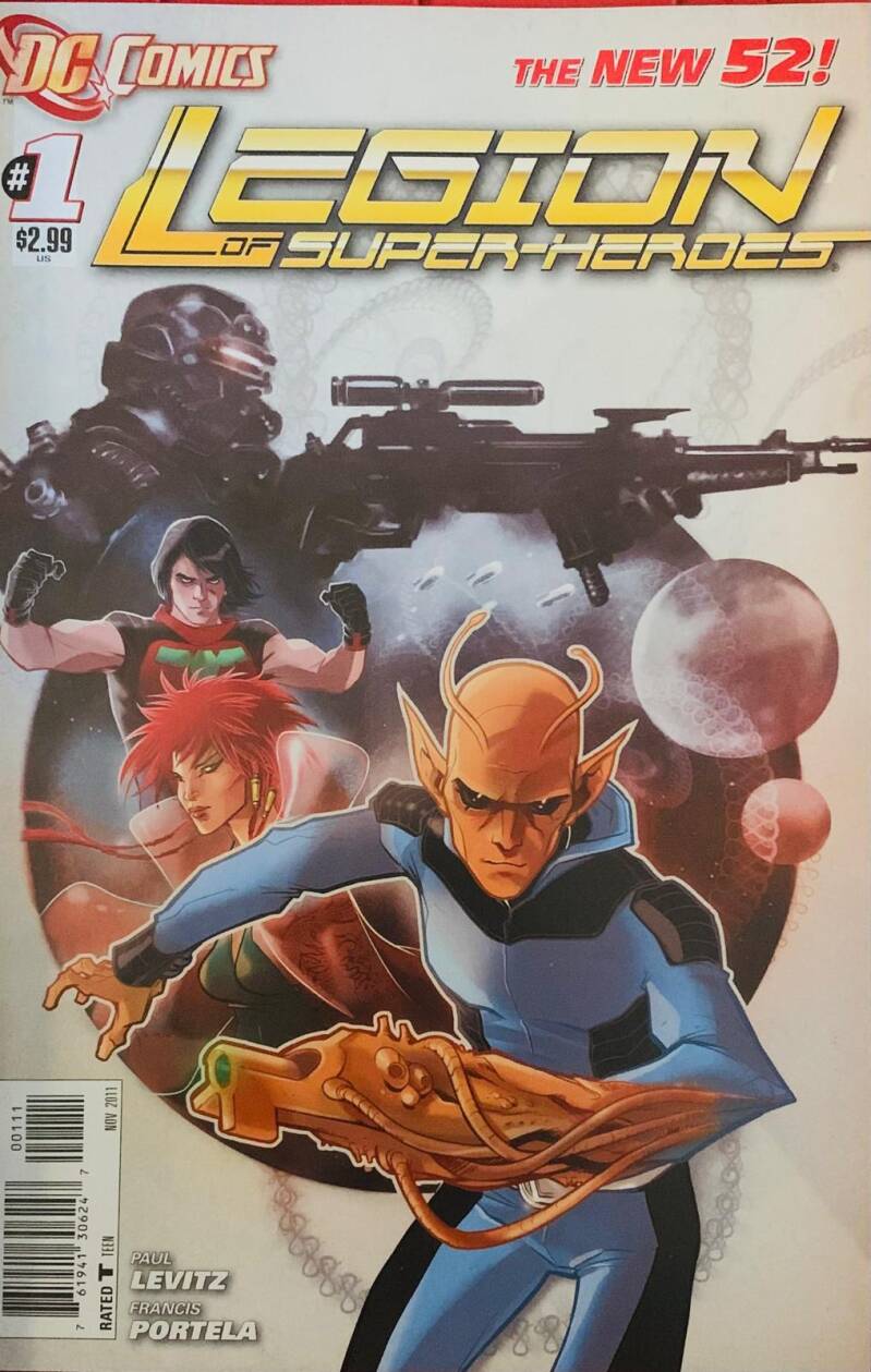 Blue and black armored superhero with orange skin and red hair holding green weapon on legion of superheroes comic book cover