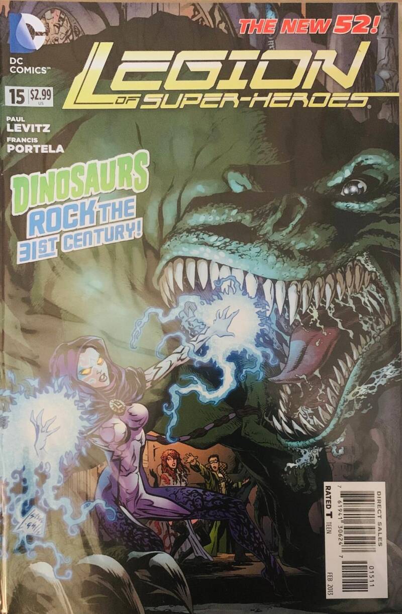 Legion of super-heroes the new 52 #15 comic book cover featuring a green dinosaur-like creature with blue energy breath