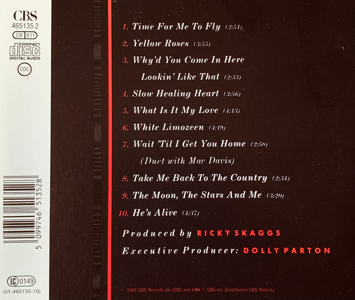 Back side of a dark brown cd album cover with a red vertical stripe and white serif font track listing for cd 001
