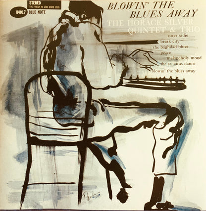 Blue note cd 001 album cover with black ink and blue wash illustration of musician playing piano on off-white paper