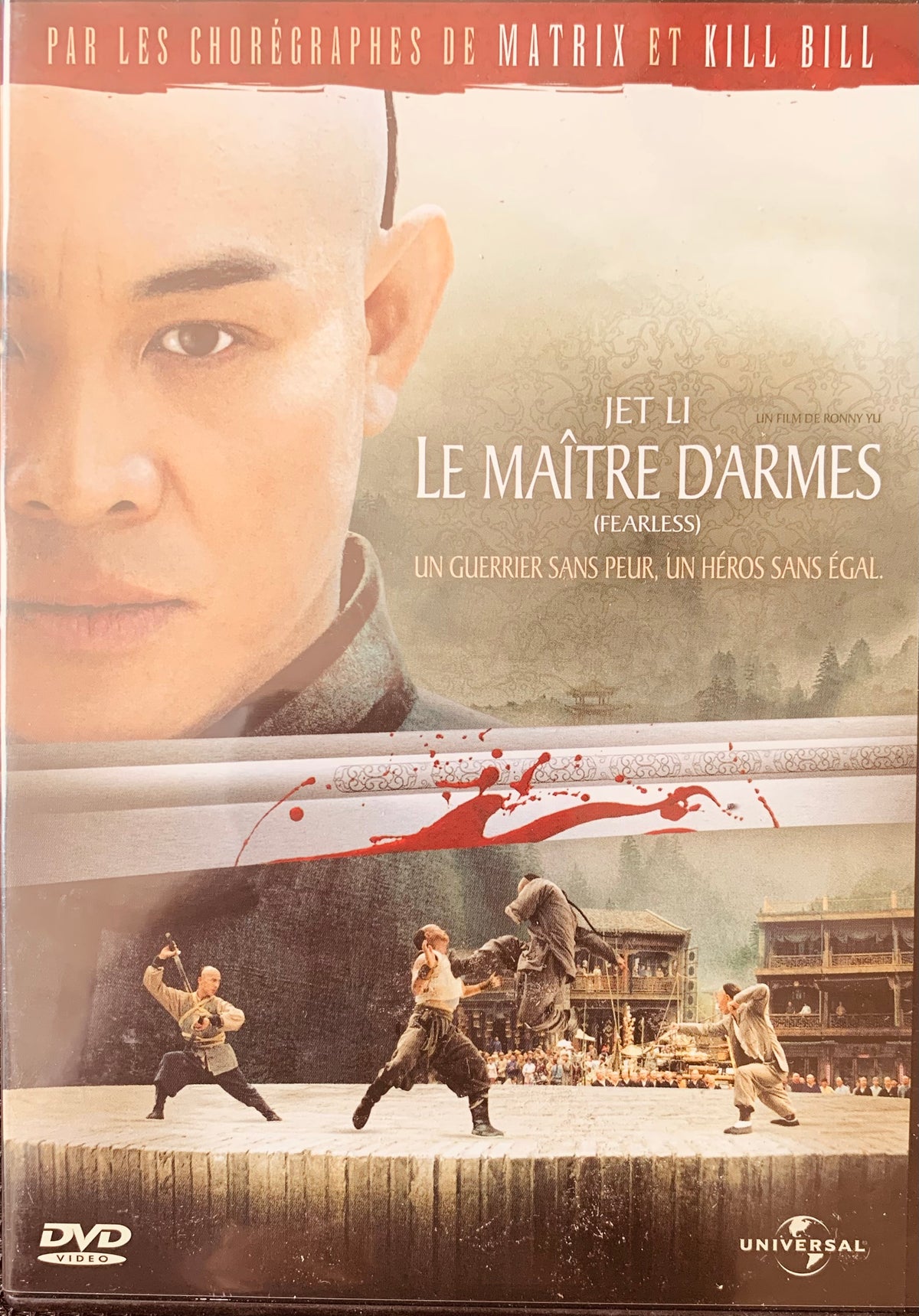 Dvd cover for fearless starring jet li showing a martial arts scene with blood splatter and traditional chinese architecture in muted tones for dvd 3 coffrets