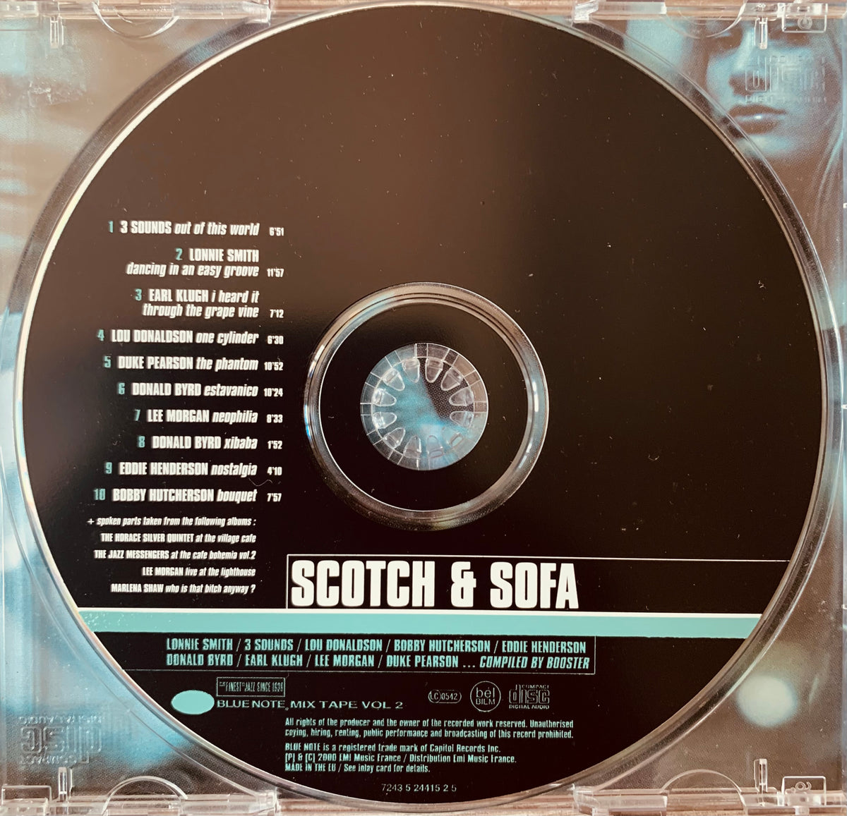 Black cd with silver text and teal accent stripe titled scotch and sofa by blue note records in product cd 001